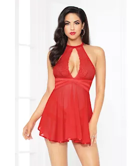 Lace Mesh Babydoll wStrappy Waist amp Panty wCriss Cross Waistband Red SM