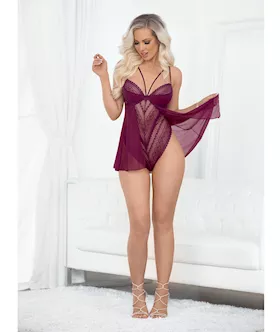 European Lace Teddy Babydoll Wine XL