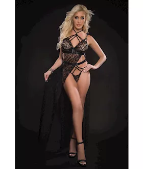 Lace Night Gown wHigh Waist Strappy Panty Blackout OS