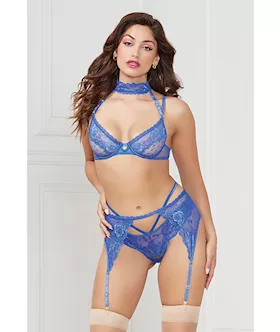 Demi Bra wRemovable Collar Garter Belt amp Thong Blue LG