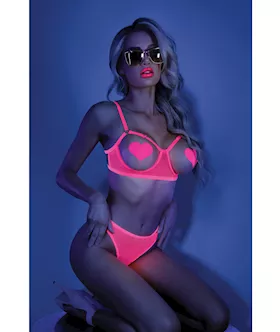 Glow Black Light Open Cup Bra amp Crotchless Panties Pasties Not Included Neon Pink ML