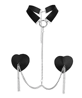 Nipplicious Dominatrix Leather Collar amp Pasties wChain  Black