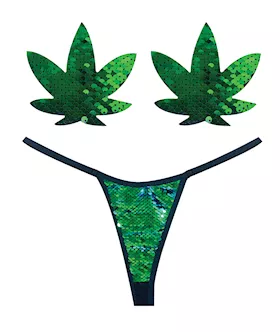 Neva Nude Naughty Knix Weed Leaf Sequin GString amp Pasties  Green  OS