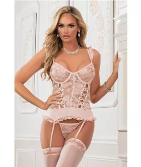 Lace Up Garter Corset wThong amp Stockings Champagne Pink OS