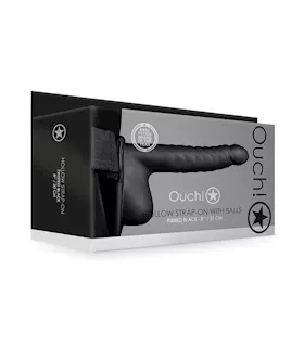 Shots Ouch 8quot Ribbed Hollow Strap On wBalls  Black