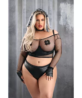 Play Easy Rider Open Cup Bra Fishnet Top Panty Choker Gloves Bandana amp Pasties Black 3X4X
