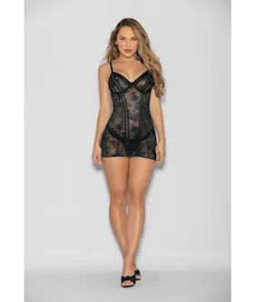Flame FETISH Boss Lady Lace Up Back Chemise amp Wide Band Thong Black LG