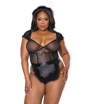 Holiday Mistletoe Maid Stretch Mesh Teddy Marabou Trimmed Apron amp Headband Black OSXL