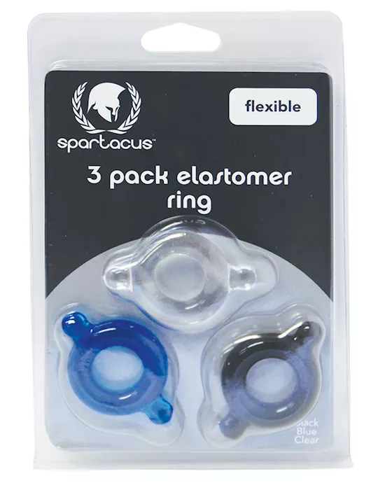 Spartacus Elastomer Cock Ring Set - Black, Blue & Clear Pack Of 3