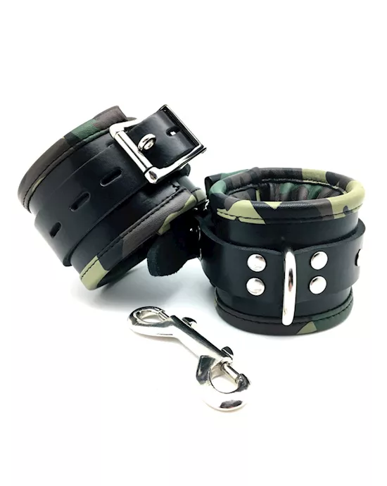Sensual Sin Leather Padded Wrist Cuffs - Camo Piping