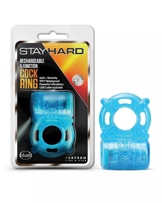 Blush Stay Hard Rechargeable 5 Function Cock Ring- Blue