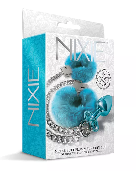 Nixie Metal Butt Plug W/inlaid Jewel & Fur Cuff Set - Blue Metallic
