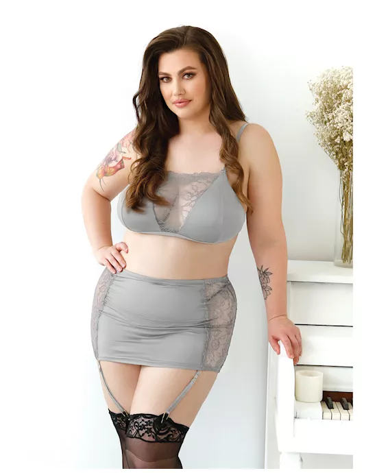 Curve Layne Lace & Microfiber Bralette W/garter Skirt & G-string Gray 3x/4x