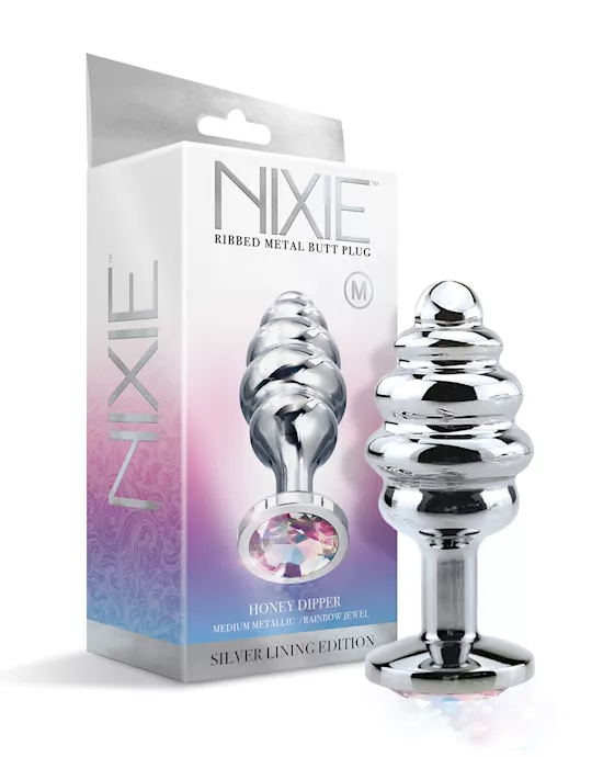 Nixie Honey Dipper Ribbed Metal Rainbow Jeweled Butt Plug - Medium