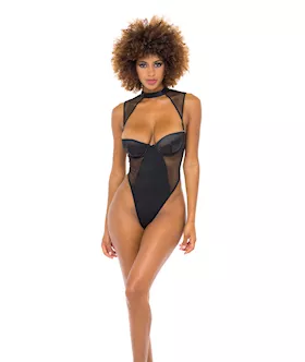 Josephine High Leg Teddy wRemovable Fishnet Collared Harness Black XL