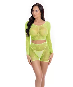 Pink Lipstick Leaf it to Me Long sleeve Crop Top amp Short Green OS