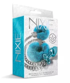 Nixie Metal Butt Plug wInlaid Jewel amp Fur Cuff Set  Blue Metallic