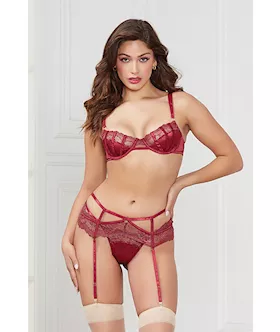 Stretch Satin amp Lace Balconette Cup amp Garter Panty Wine LG