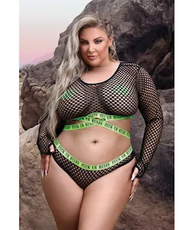 Vibes Fuck Ur Rules Long Sleeve Crop Top Panty amp Pasties BlackGreen QN