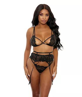 Eyelash Lace Bra High Waist Garter Belt amp GString Black SM