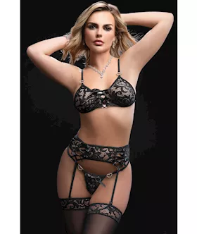 Lace Up Bra W/heart Detail, Garter Belt & Thong Black O/s