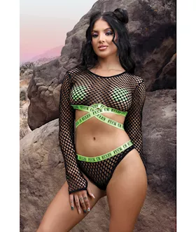 Vibes Fuck Ur Rules Long Sleeve Crop Top Panty amp Pasties BlackGreen SM