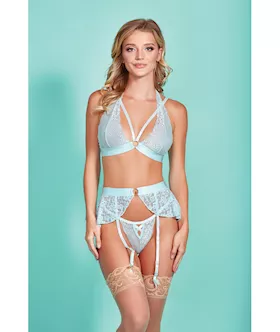Mercedes Cross Dyed Galloon Lace Strappy Halter Bra Garter Skirt amp GString Light Blue MD