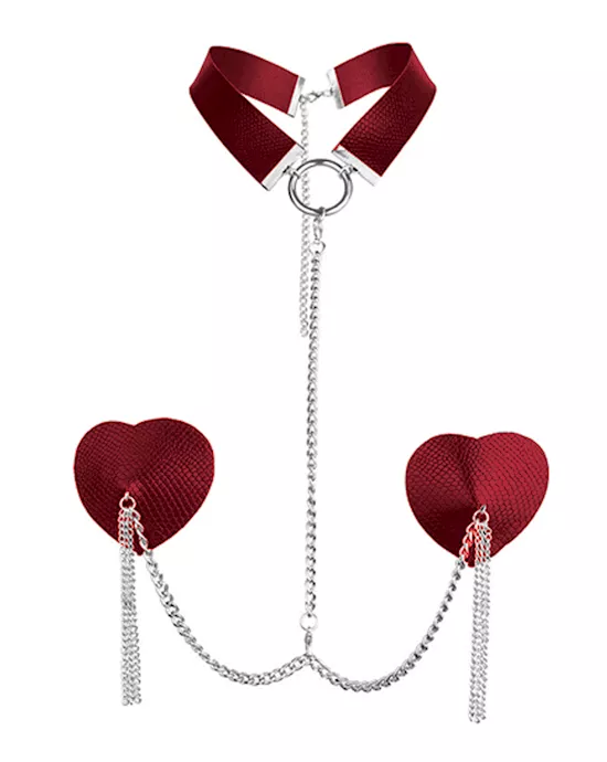 Nipplicious Dominatrix Leather Collar & Pasties W/chain - Red